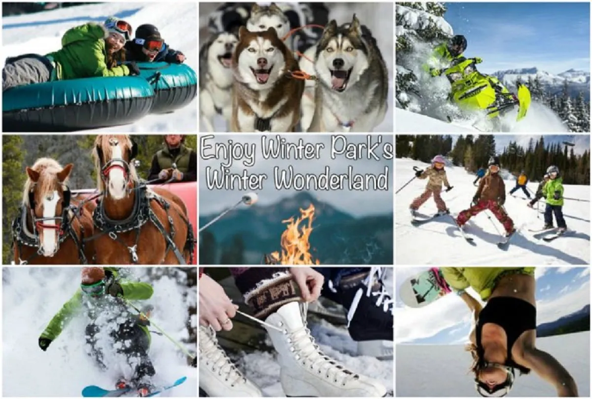 An action-packed winter scene featuring people snow tubing, huskies ready for dog sledding, a snowmobile mid-adventure, horses for carriage rides, children playing in the snow, and a glowing campfire surrounded by bundled-up guests. The image radiates festive energy and captures a variety of winter activities.