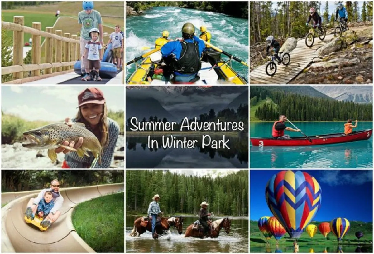 A scenic, active landscape featuring families and groups enjoying a variety of summer outdoor activities such as rafting, biking, tubing, and horseback riding, all set against a beautiful mountain backdrop. The sense of adventure and community is palpable, with people of all ages taking part.